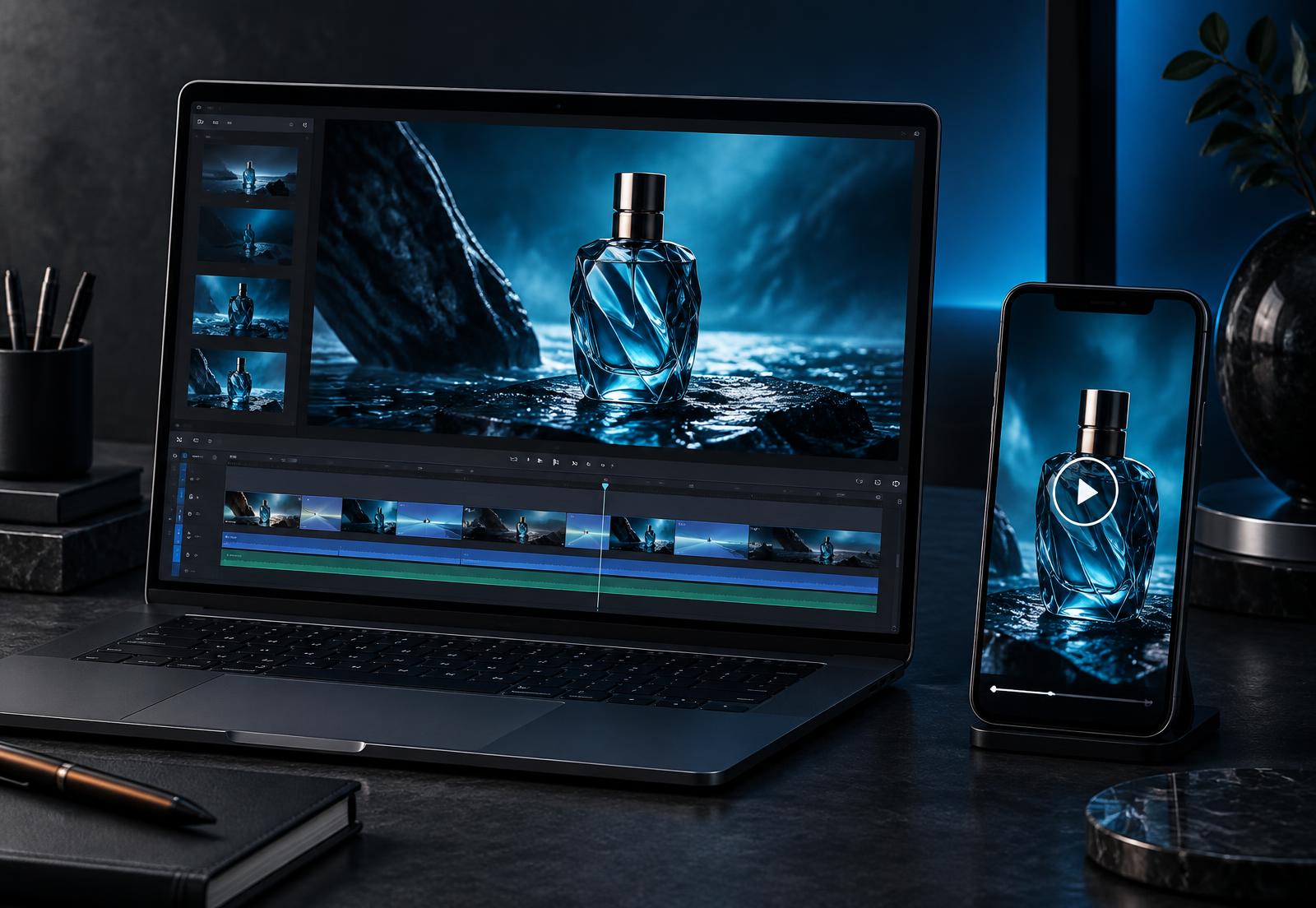 Promotional video concept shown on laptop and phone